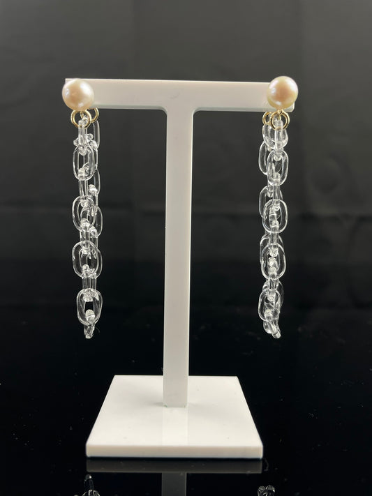 9ct Gold Freshwater Pearl and Glass Chain Looped Earrings image 0
